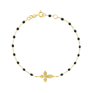 Gigi Clozeau - Bracelet noir Croix Lumière diamants, or jaune, 17 cm