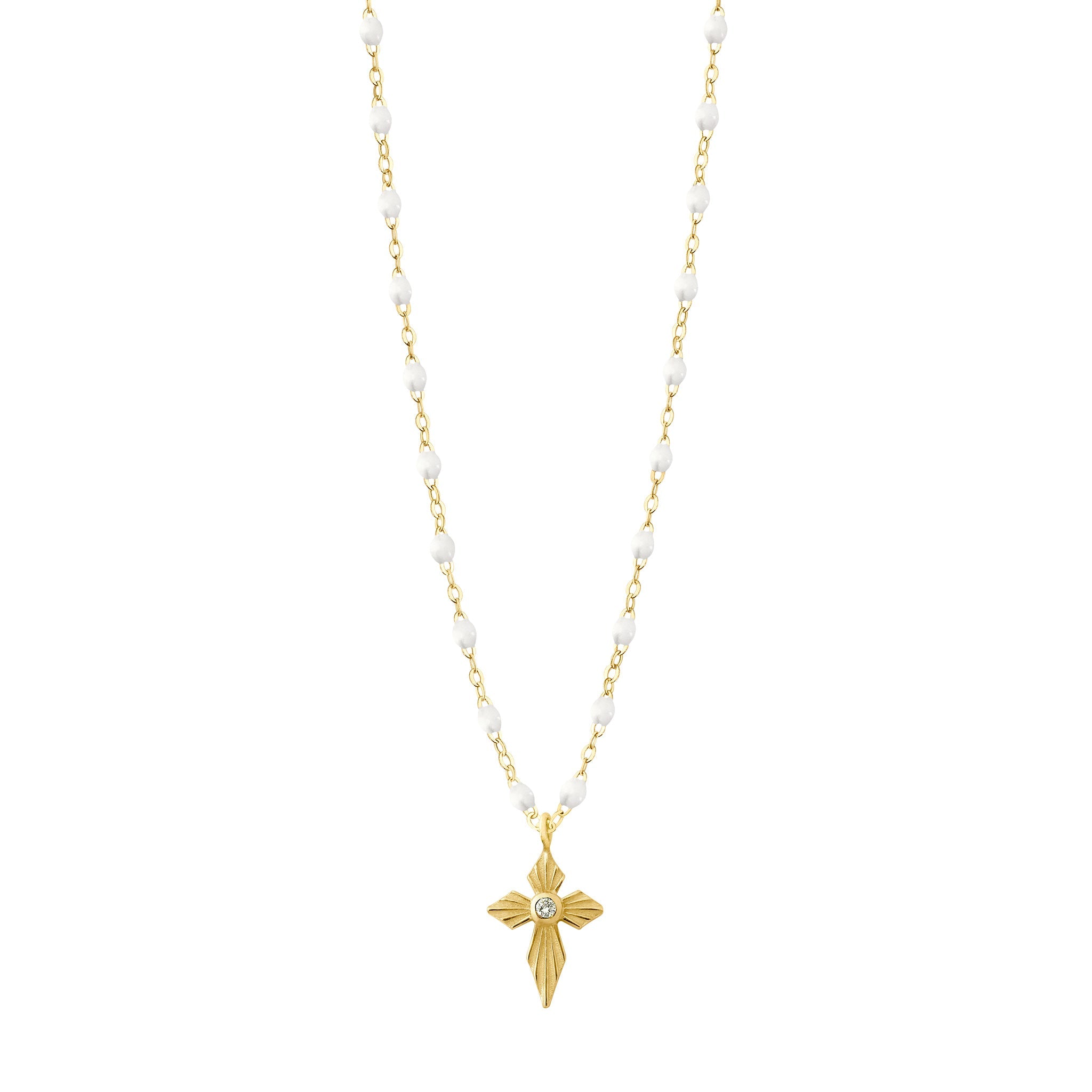 Gigi Clozeau - Collier blanc Croix Lumière diamants, or jaune, 42 cm