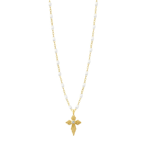 Gigi Clozeau - Collier blanc Croix Lumière diamants, or jaune, 42 cm