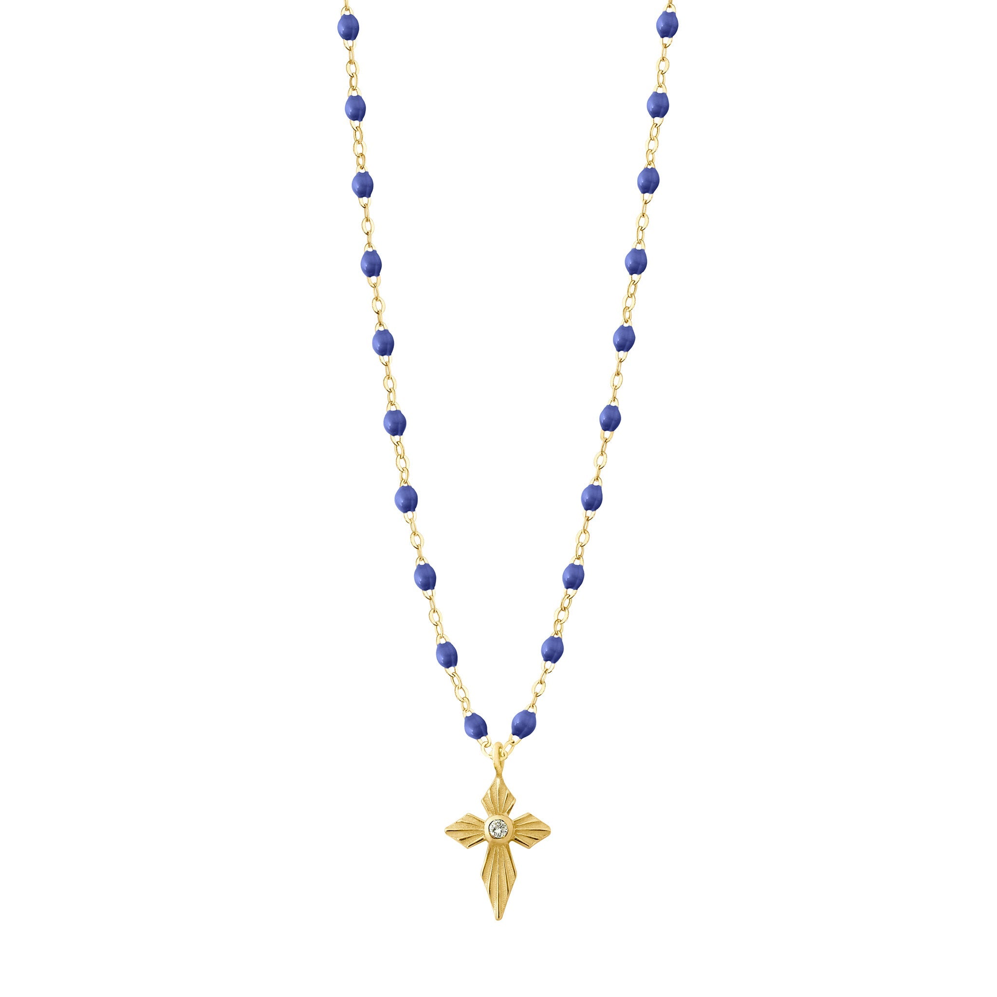 Gigi Clozeau - Collier bleuet Croix Lumière diamants, or jaune, 42 cm