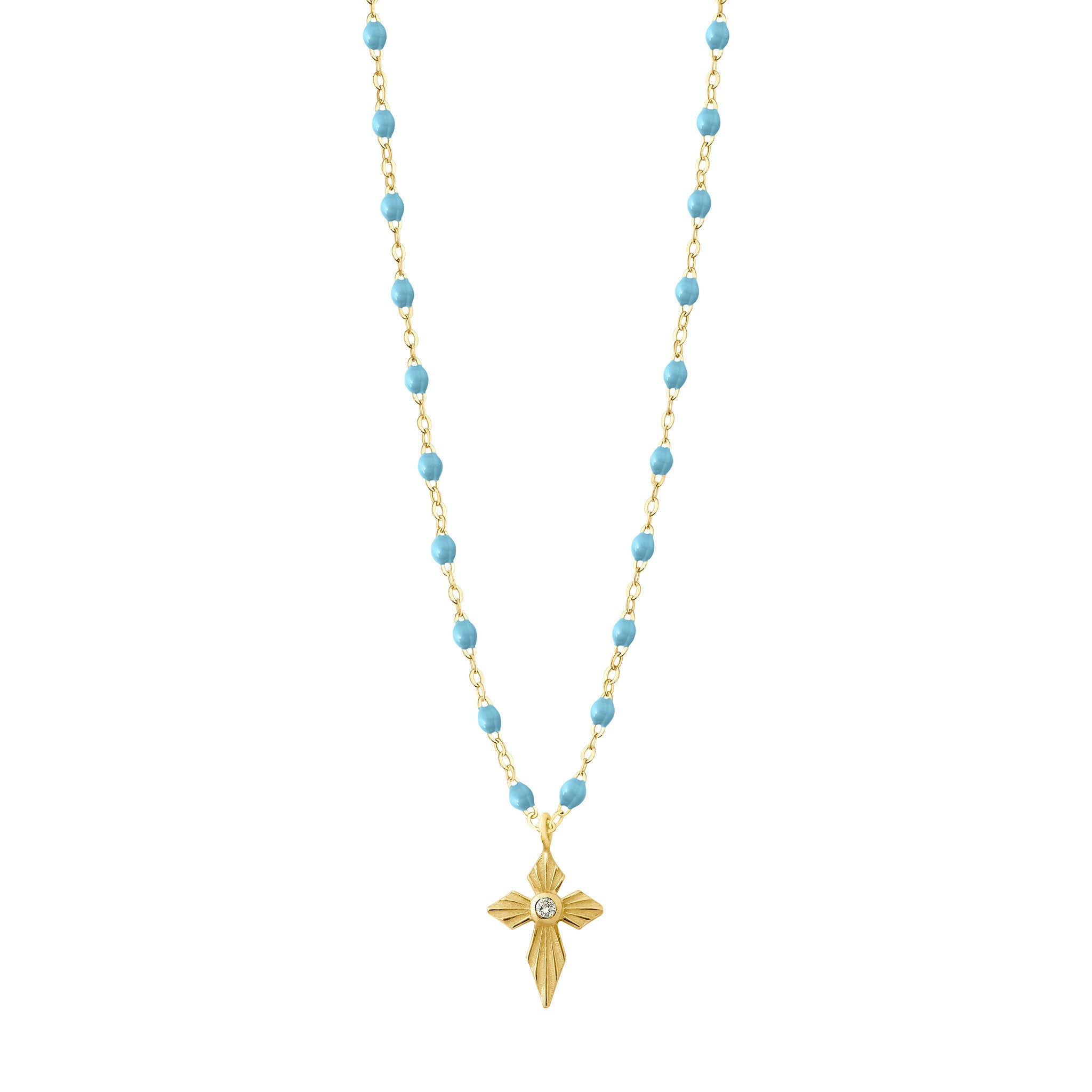 Gigi Clozeau - Collier turquoise Croix Lumière diamants, or jaune, 42 cm