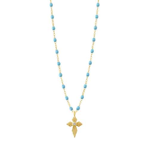 Gigi Clozeau - Collier turquoise Croix Lumière diamants, or jaune, 42 cm