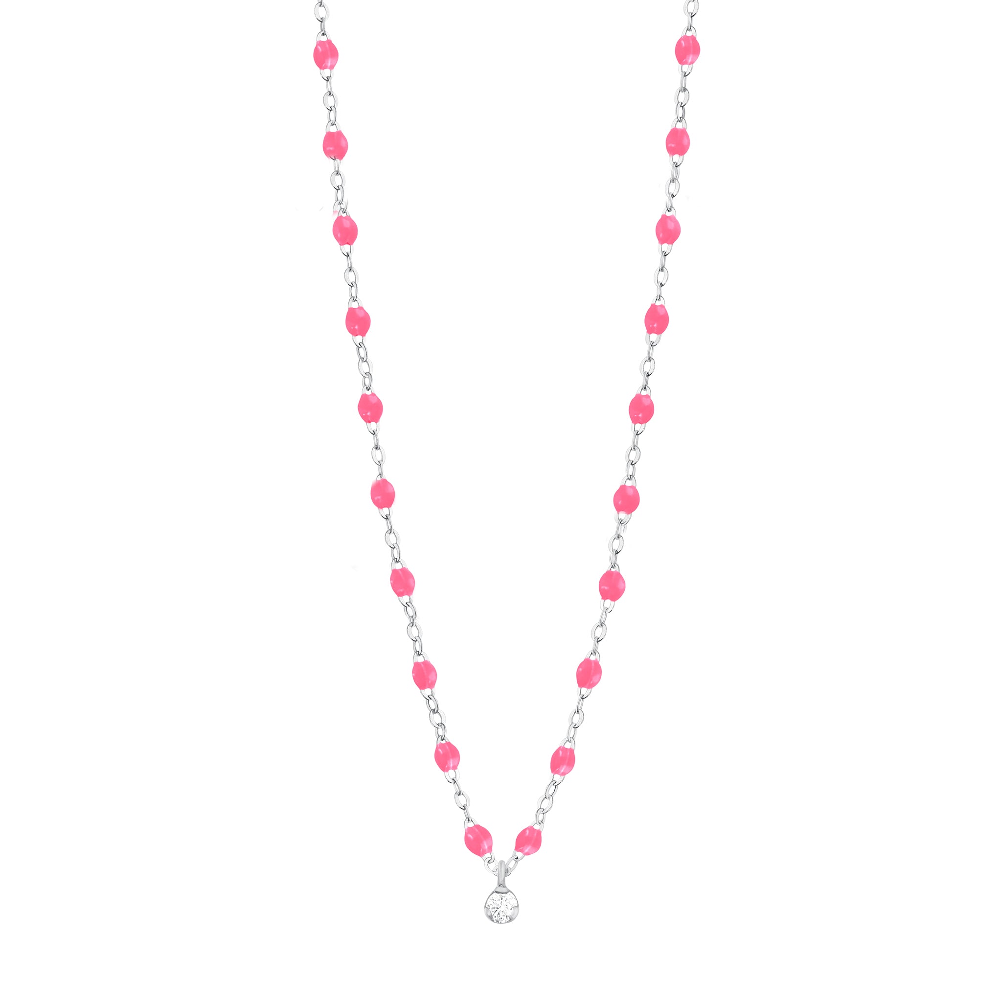 Gigi Clozeau - Collier rose fluo Gigi Suprême, or blanc, 1 diamant, 42 cm